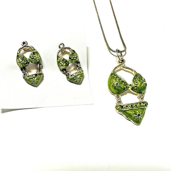 Unbranded Jewelry - Vintage Fun Lime Green Bikini Necklace and Earrings Set Silver-tone Metal Beach